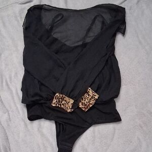 Cacique Black Sheer Bodysuit with Leopard Print Cuffs